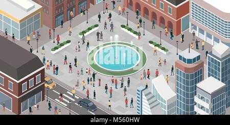 People in the city walking, meeting friends and shopping, top view Stock Vector