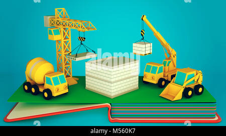 Pop up book with layout of construction site and equipment. 3D rendering Stock Photo