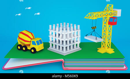 Pop up book with layout of construction site and equipment. 3D rendering Stock Photo