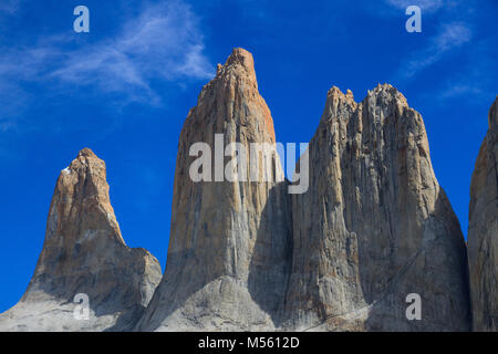A close up view of the famous three granite towers of Torres del Paine National Park, taken from the Mirador Torres Del Paine Stock Photo