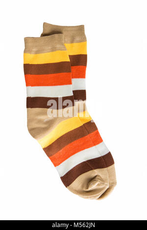 Two striped sock in yellow, orange, white, red-haired brown stripes. 5 colors. isolated Stock Photo