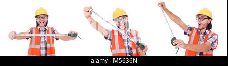 Funny construction worker with tape-line isolated on white Stock Photo