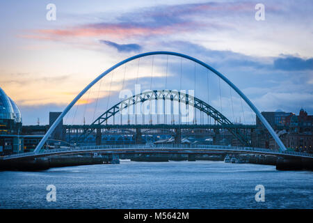 Newcastle upon Tyne UK, view at dusk of the five bridges spanning the River Tyne in the centre of Newcastle, Tyne And Wear, England, UK