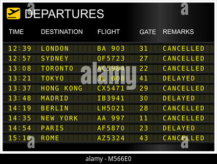 Flights departures board isolated on white background. Cancelled and delayed flight Stock Photo