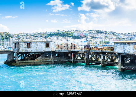 Dilapidated, disused harbour staging in Brixham harbour, South Devon, UK. Stock Photo