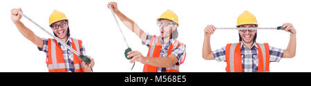 Funny construction worker with tape-line isolated on white Stock Photo