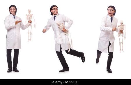 Funny teacher with skeleton isolated on white Stock Photo