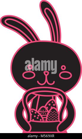 neon flat happy rabbit animal with eggs inside hamper Stock Vector