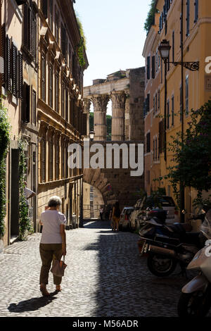 Rome, Italy: The Roman Forum columns overlook Baccina street in Rome Stock Photo