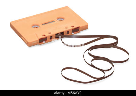 vintage orange audio cassette with magnetic tape isolated over white Stock Photo
