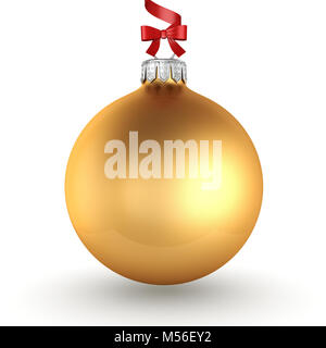 3D rendering golden Christmas ball with red ribbon and bow Stock Photo