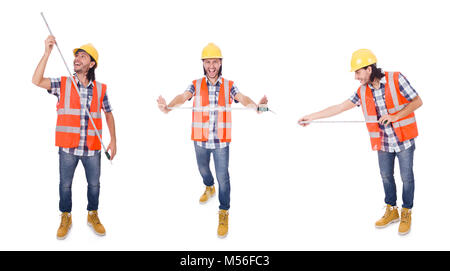 Construction worker with tape-line isolated  on white Stock Photo