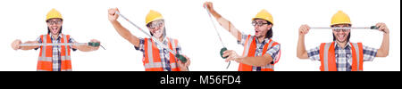 Funny construction worker with tape-line isolated on white Stock Photo
