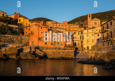Long Exposure of small sea village Tellaro at sunset, near Lerici, La Soezia, Liguria, Italy, Europe Stock Photo