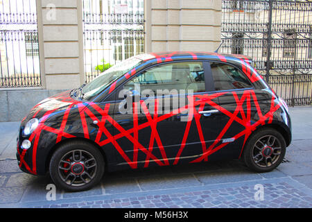 TURIN, ITALY - MAY 15  2014: Red and black  Fiat 500 car new model Stock Photo