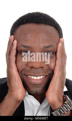 Happy African man with hands on face Stock Photo