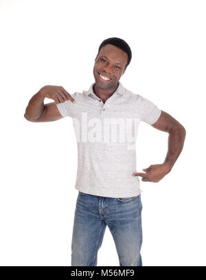 African man standing and pointing to himself Stock Photo