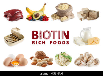 Foods rich in Biotin (vitamin B7) as liver, eggs yolk, yeast, sardines, soy flour, milk, cheese, cottage cheese, banana, avocado, blueberries, raspber Stock Photo