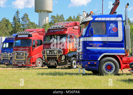 LOIMAA, FINLAND - JUNE 15, 2014:  Custom painted and decorated heavy trucks presented at HeMa Show 2014 in Loimaa, Finland. Stock Photo