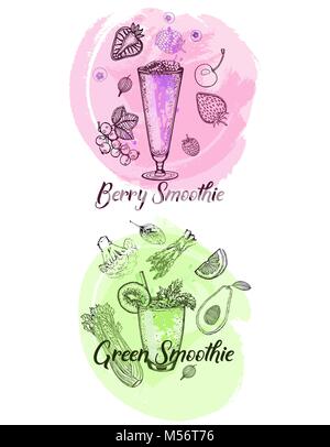 Set of hand drawn sketch style berry and green smoothie with fruits and vegetables. Isolated vector illustration. Stock Vector