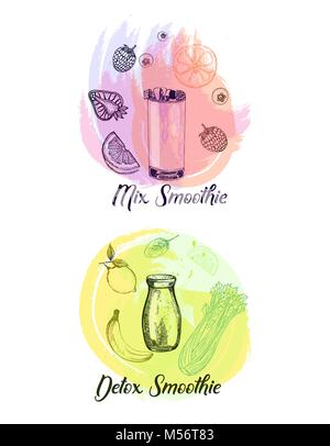 Set of hand drawn sketch style smoothie with fruits and vegetables. Isolated vector illustration. Stock Vector