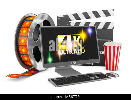 Modern computer with an inscription on the screen 4K, popcorn and film strip on a white background, 3d rendering with Clipping Path. Stock Photo