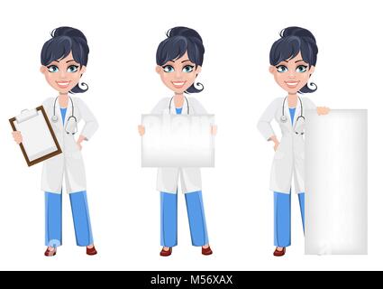 Doctor woman, professional medical staff. Beautiful cartoon character medic. Set with checklist and with banners. Vector illustration Stock Vector