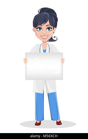Doctor woman, professional medical staff. Beautiful cartoon character medic holding blank banner. Vector illustration Stock Vector