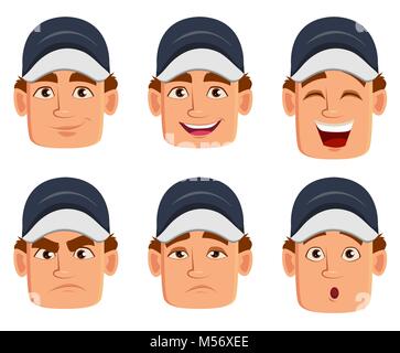 Professional auto mechanic in uniform, set with various facial expressions. Cartoon character. Vector illustration Stock Vector