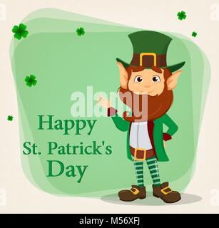 Happy Saint Patrick's Day. Character with green hat. Cartoon funny leprechaun waving hand. Vector illustration on background with clovers Stock Vector