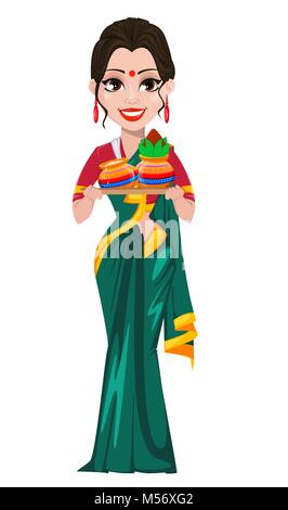 Indian girl holding two pots (with cream and with coconut). Happy Pongal greeting card. Makar sankranti. Vector illustration on white background. Stock Vector