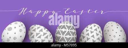 Happy Easter. Easter white eggs in row with monochrome simple decoration on purple background. simple Nordic ornaments decorations. vector illustratio Stock Vector