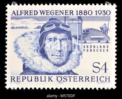 Austrian postage stamp (1980) : Alfred Lothar Wegener (1880 – 1930) German polar researcher, geophysicist and meteorologist. Stock Photo