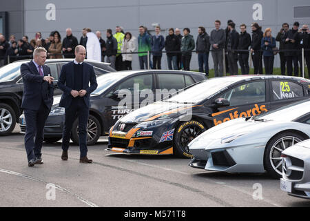 The Duke of Cambridge is escorted by Dr George Gillespie Chief Executive Officer Officer of MIRA as they vehicles at the MIRA Technology Park in Nuneaton, Warwickshire, which supplies pioneering engineering, research and test services to the transport industry. MIRA was formerly known as the Motor Industry Research Association. Stock Photo