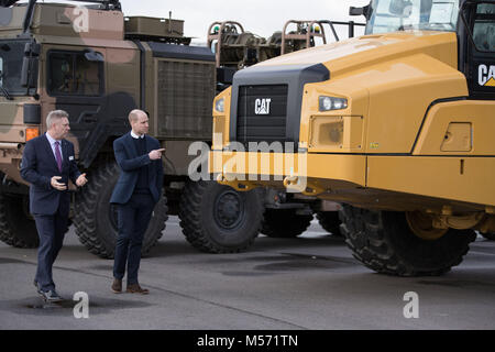 The Duke of Cambridge is escorted by Dr George Gillespie Chief Executive Officer Officer of MIRA as they vehicles at the MIRA Technology Park in Nuneaton, Warwickshire, which supplies pioneering engineering, research and test services to the transport industry. MIRA was formerly known as the Motor Industry Research Association. Stock Photo