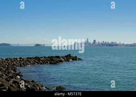 The San Francisco Skyline, The Bay And Alcatraz, Viewed From Sausalito, California. Stock Photo