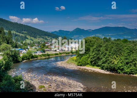 Town of Verkhovyna, Chornyi Cheremosh river, Chornohora massif in distance, Carpathian Mountains, Hutsul Region, Prykarpattia Region, Ukraine