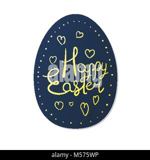 Egg-shaped paper greeting card with festive text. Happy Easter lettering with hearts Stock Vector