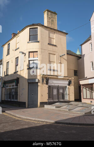 Boarded up shop and flats in Friars Vennel, Dumfries town centre, Scotland. Stock Photo