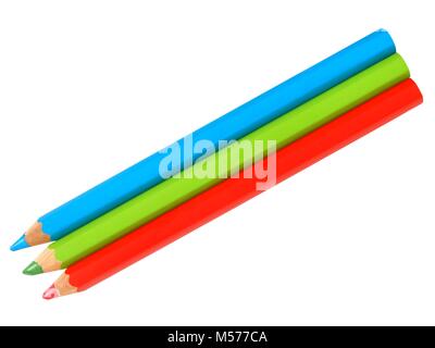 Red, green and blue colored pencil isolated on white background. Stock Photo
