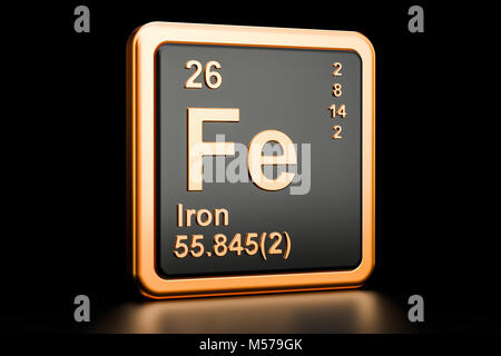 Ferrum, iron Fe chemical element. 3D rendering isolated on black background Stock Photo