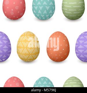 Happy Easter eggs seamless pattern. Set of ornamented colored Easter eggs with different simple textures isolated. Spring holiday. Vector Illustration Stock Vector