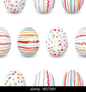 Set of white Easter eggs seamless pattern. simple pink, orange, red, blue stripes, patterns points, confetti, waves, flourishes. Can be used for for w Stock Vector