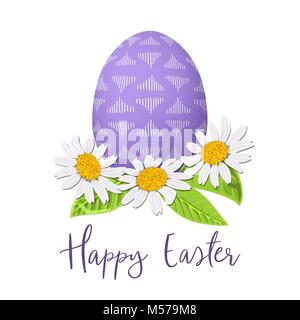 Easter purple egg and daisy wreath. Decorated festive egg with simple abstract ornaments. Spring holiday. Vector Illustration. pink flower background, Stock Vector