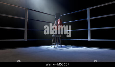 The blue corner of a boxing ring with gloves hanging on a pole spotlit ...