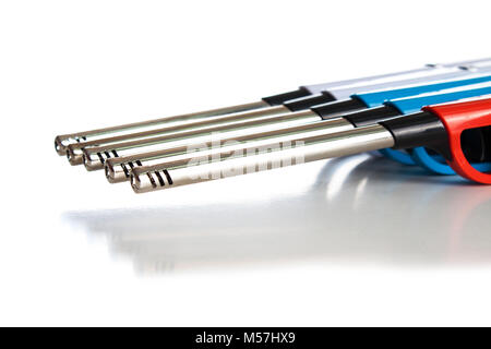 Gas lighter gun for stove and kitchen, yellow, orange, purple,blue- isolated on white background. Stock Photo