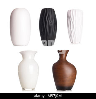 Modern white tall ceramic vase, decoration object isolated on white background.. Stock Photo