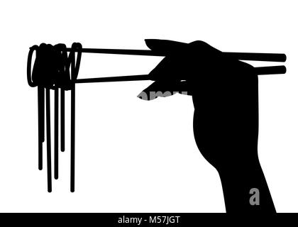 Black silhouettes hand holding sticks with noodles concept logo for restaurant noodles wok on white background vector illustration web site page and m Stock Vector