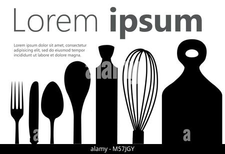 Set of black silhouettes kitchen tools fork spoon knife rolling pin ladle board for cutting culinary banner with place for your text vector illustrati Stock Vector