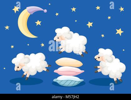 Three sheep jumping over the pillows sleep time count sheeps from insomnia on a blue background with stars and moon vector illustration web site page  Stock Vector